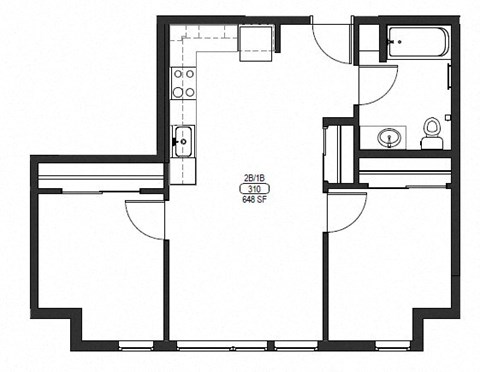 Floor plan for 2 beds, 1 bath, 653 sqft